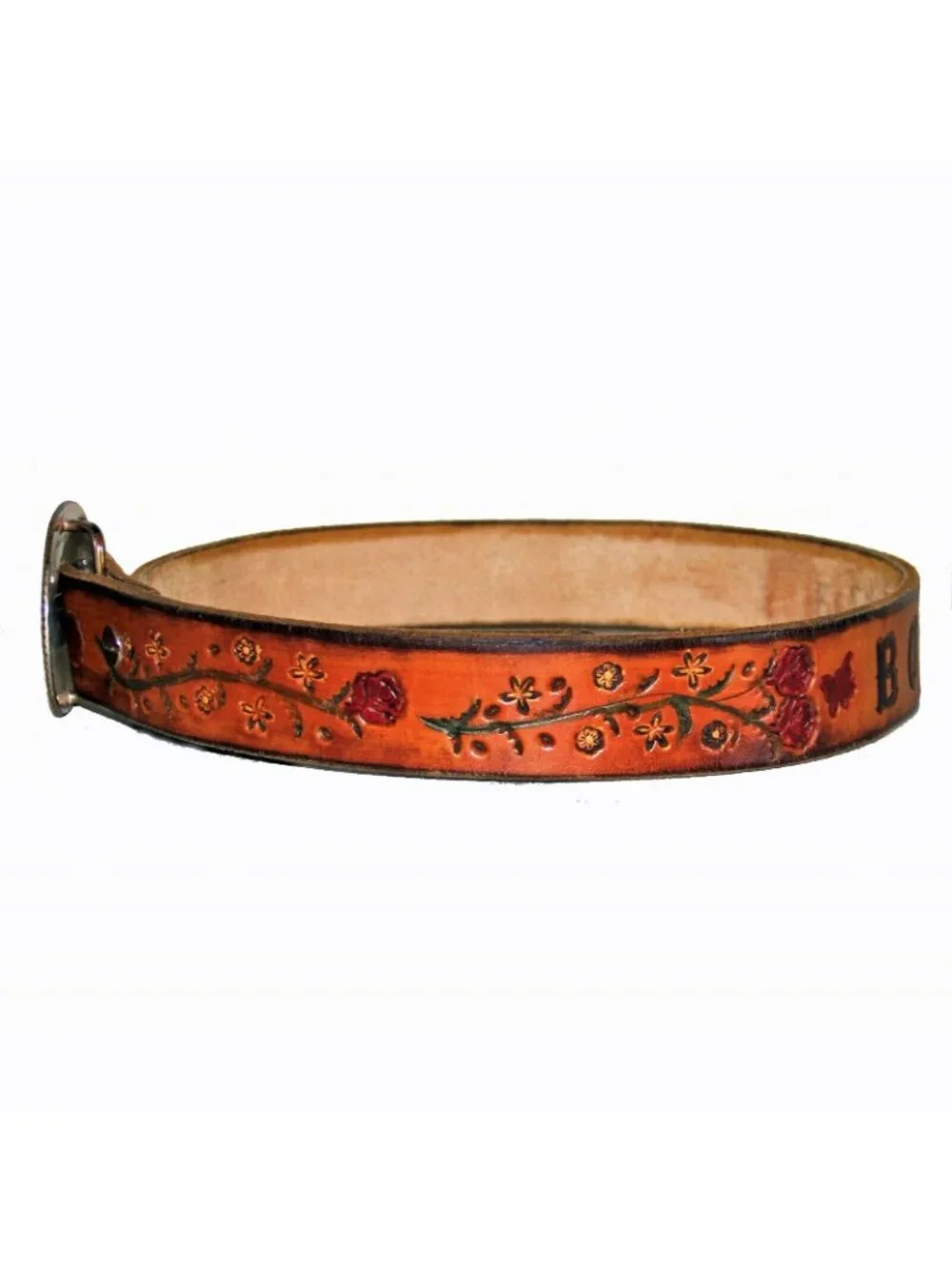 Leather Belt with Roses Butterflies Silver & Gold Buckle 